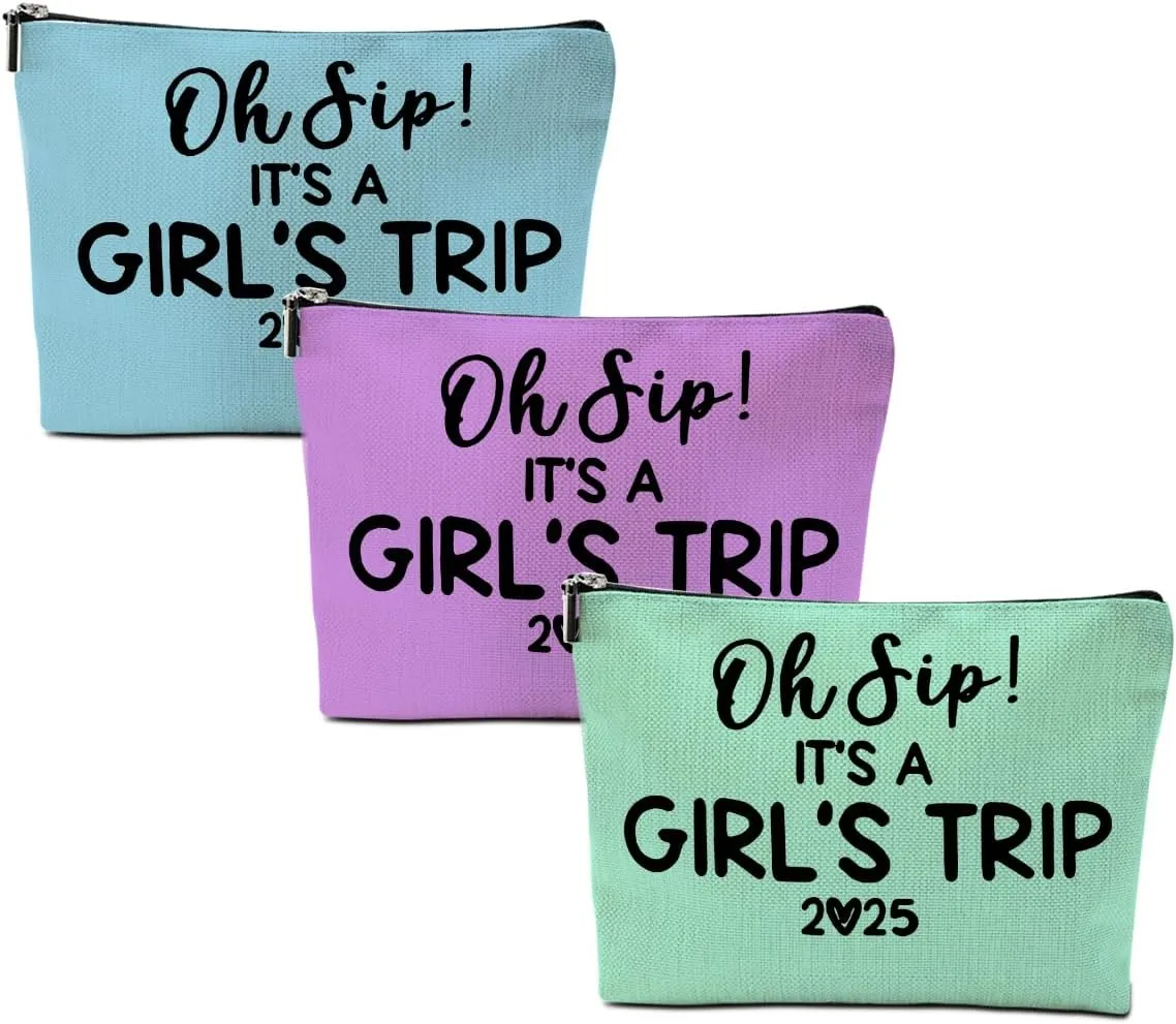 3Pcs Girl Trip 2025 Makeup Bag Funny Girls Trip Gifts Favors Girls Weekend Gifts Weekender Bag Summer Vacation Birthday Graduation Cosmetic Bag Travel Toiletry Bags Friendship Gifts for Women Sister