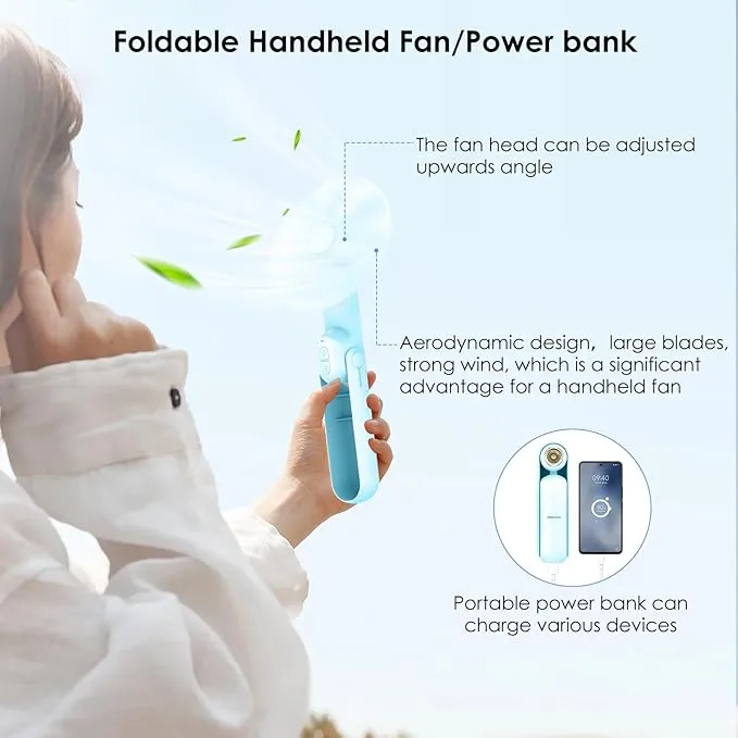 4 IN 1 Portable Handheld Fan,Personal Foldable Cooling Fan, Mini Pocket Fan,Desk Fan,Hand Fan,Flashlight,Power Bank,Table Lamp,Camping Travel Beach Fan, Birthday Gifts for Women Men(Light Blue)
