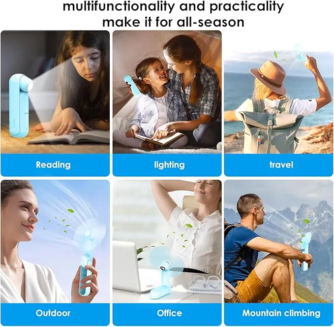 4 IN 1 Portable Handheld Fan,Personal Foldable Cooling Fan, Mini Pocket Fan,Desk Fan,Hand Fan,Flashlight,Power Bank,Table Lamp,Camping Travel Beach Fan, Birthday Gifts for Women Men(Light Blue)