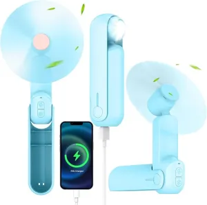 4 IN 1 Portable Handheld Fan,Personal Foldable Cooling Fan, Mini Pocket Fan,Desk Fan,Hand Fan,Flashlight,Power Bank,Table Lamp,Camping Travel Beach Fan, Birthday Gifts for Women Men(Light Blue)
