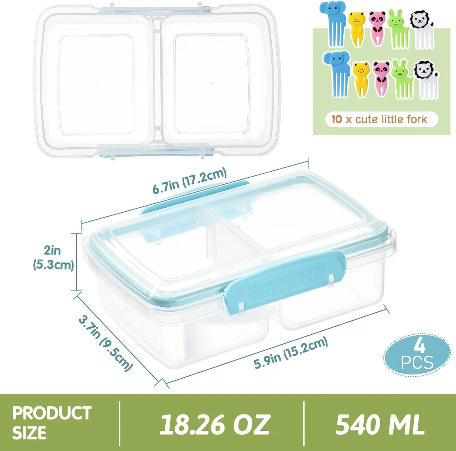 4 Pack Plastic Snack Containers with Lids, 2 Compartment Food Container for Kids Snack Box, Travel Bento Lunch Containers with forks for Fruits/Candies, Divided Food Storage Containers for School
