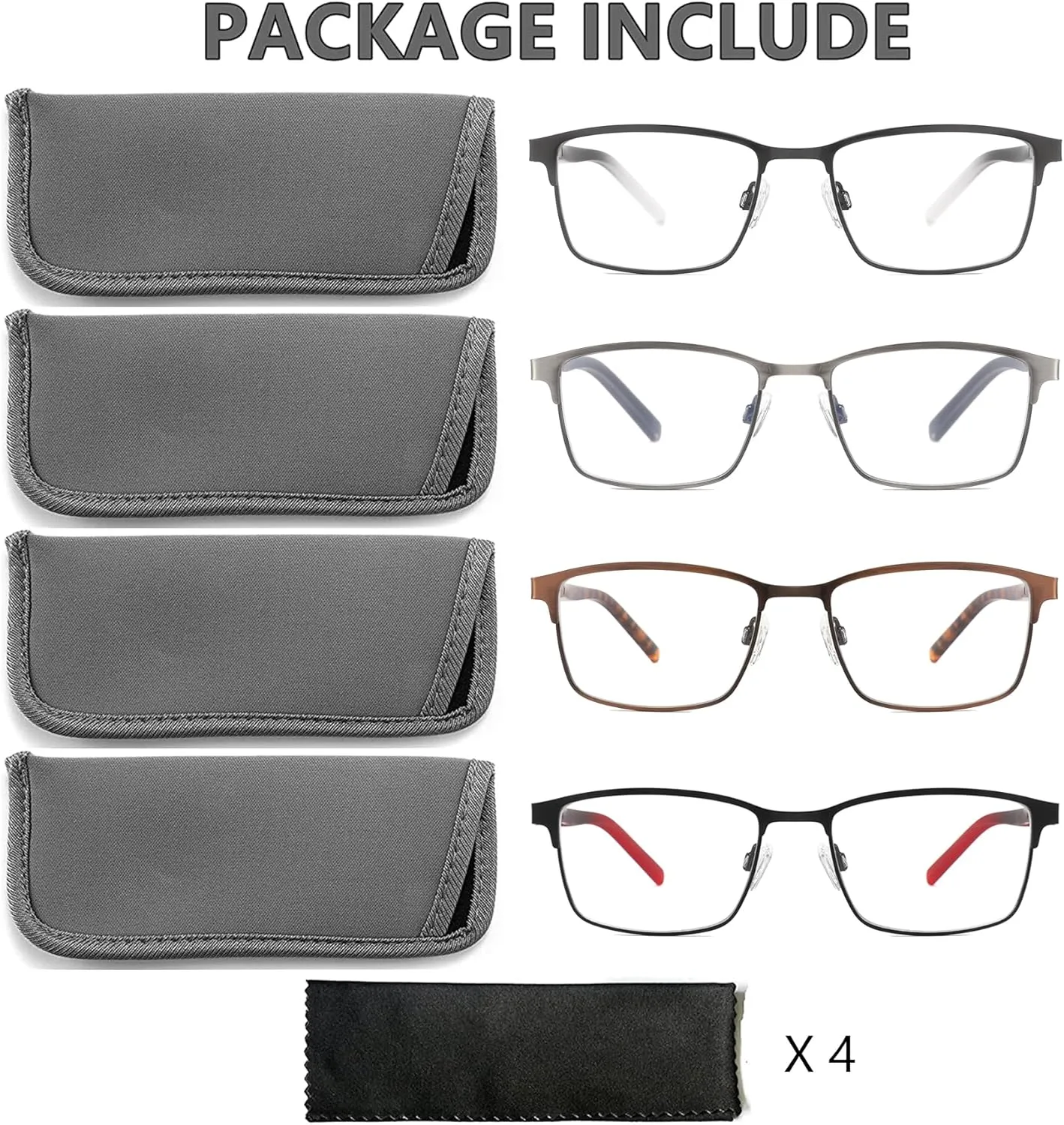 4 Pack Reading Glasses for Men, Blue Light Blocking Computer Readers, Anti UV Ray/Eye Strain/Glare, Metal Frame Eyeglasses with Pouches(275 Magnification Strength)