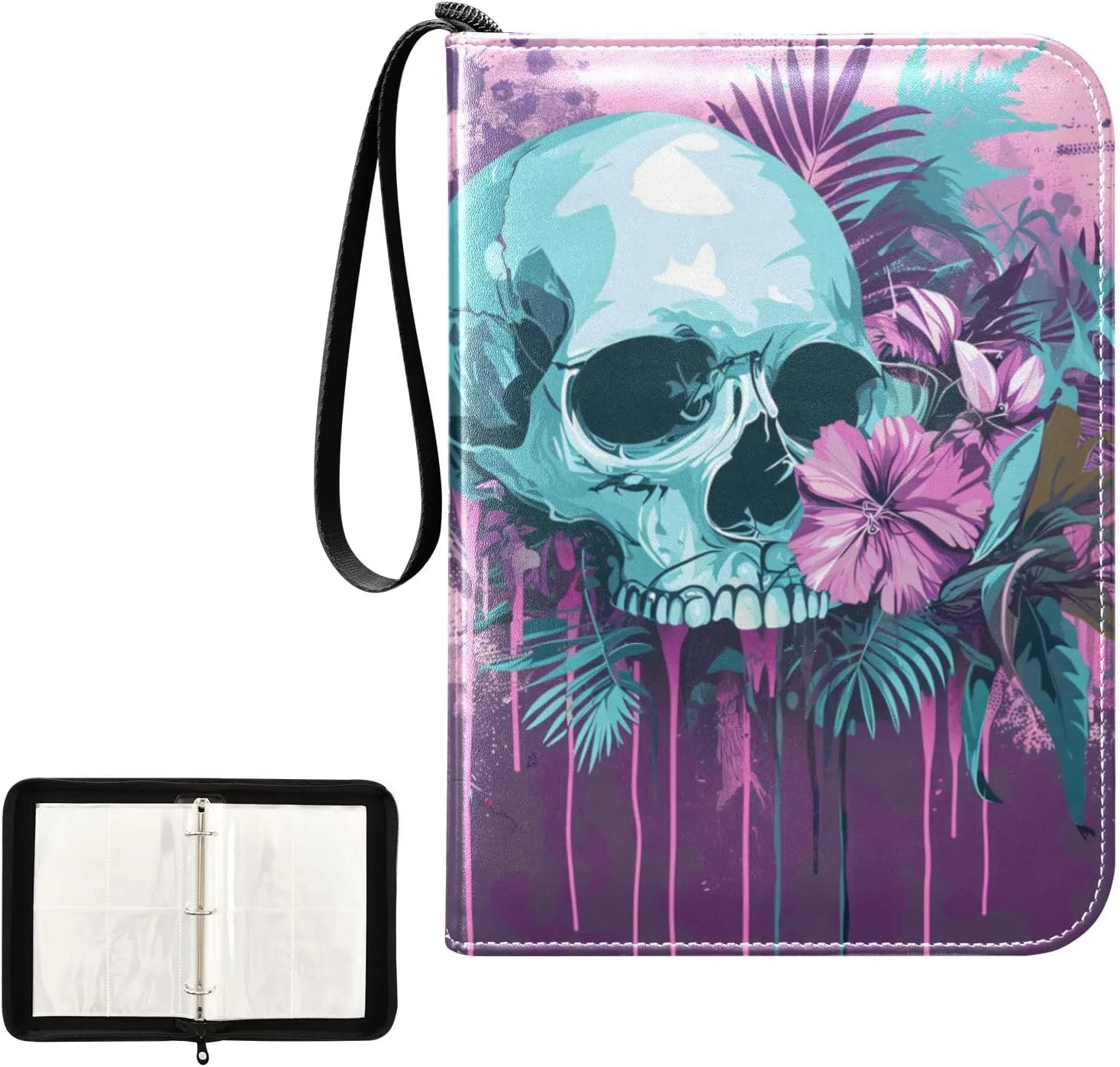 4 Pockets Trading Card Album Holder Book Folder Sports Card Binder Skull Purple 400 Double Side Pockets for 3 Ring Binder Zipper