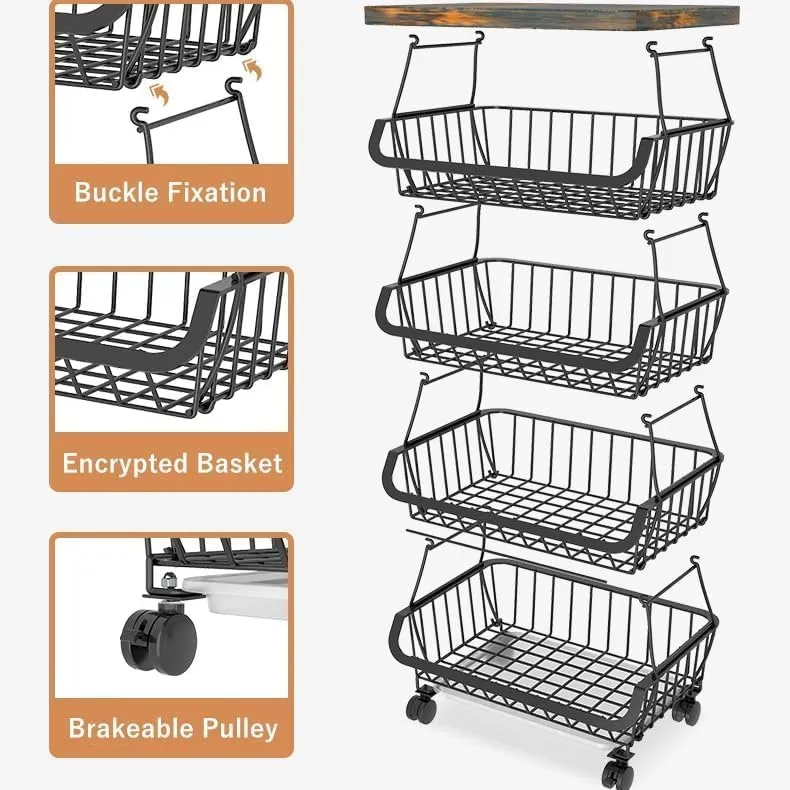 4 Tier Shelf Kitchen Organizer,Metal Wire Baskets with Wheels, Stackable Storage Bins, Fruit and Vegetable Cart, Bathroom Tableware Rack