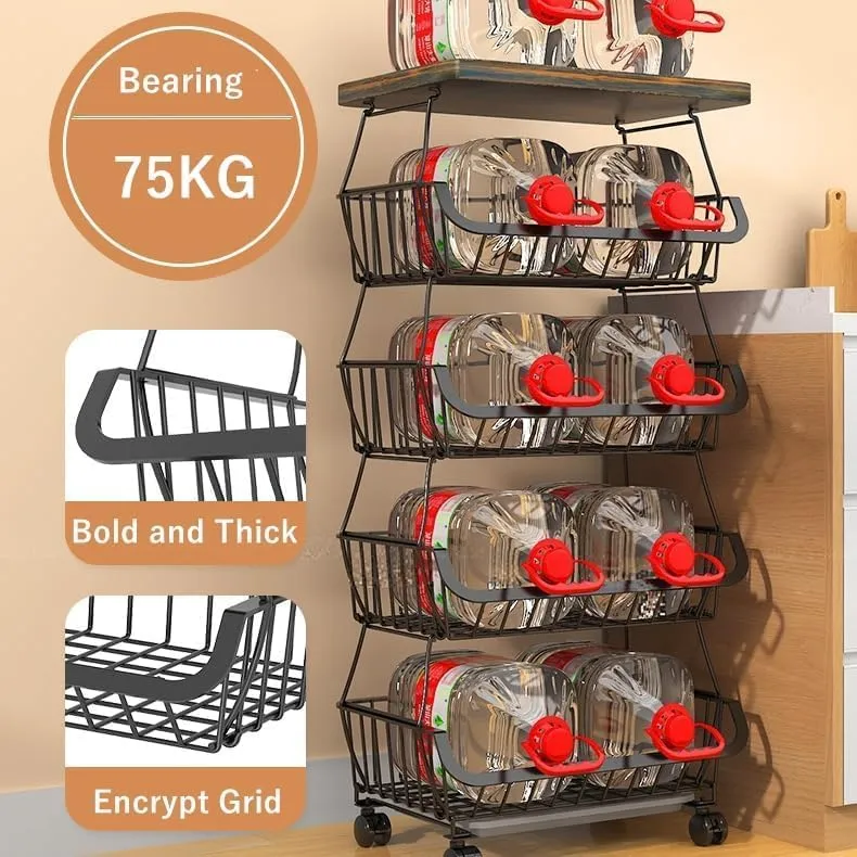 4 Tier Shelf Kitchen Organizer,Metal Wire Baskets with Wheels, Stackable Storage Bins, Fruit and Vegetable Cart, Bathroom Tableware Rack