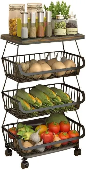 4 Tier Shelf Kitchen Organizer,Metal Wire Baskets with Wheels, Stackable Storage Bins, Fruit and Vegetable Cart, Bathroom Tableware Rack