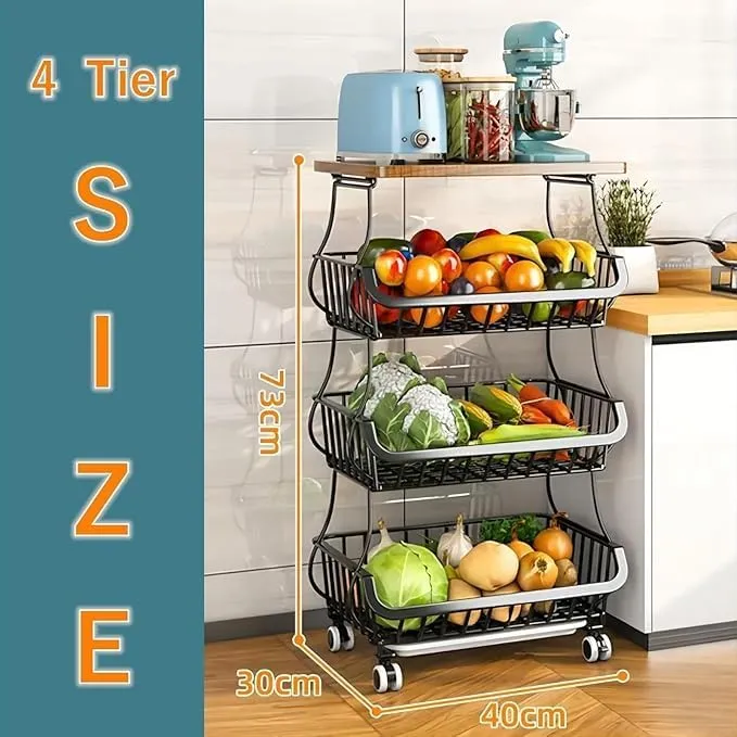 4 Tier Shelf Kitchen Organizer,Metal Wire Baskets with Wheels, Stackable Storage Bins, Fruit and Vegetable Cart, Bathroom Tableware Rack