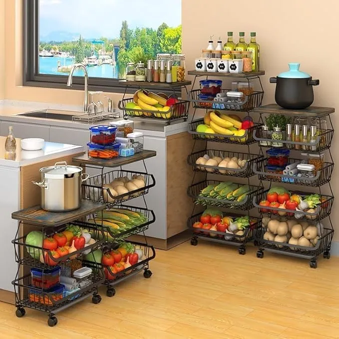 4 Tier Shelf Kitchen Organizer,Metal Wire Baskets with Wheels, Stackable Storage Bins, Fruit and Vegetable Cart, Bathroom Tableware Rack