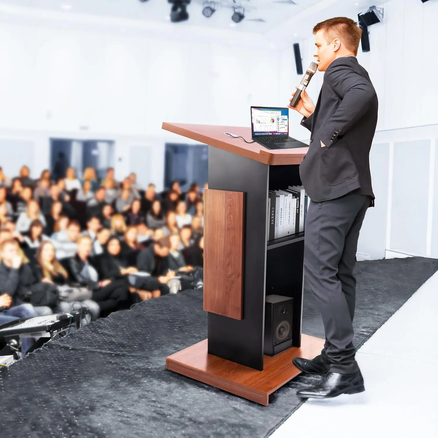47’’ Wooden Podium Stand with Wheels, Portable Lectern Churches with 15 MM Particle Board, Pulpits Stand with Storage, Lockable Wheels, Mic Stand for Churches, Office, School (Wood Podium)