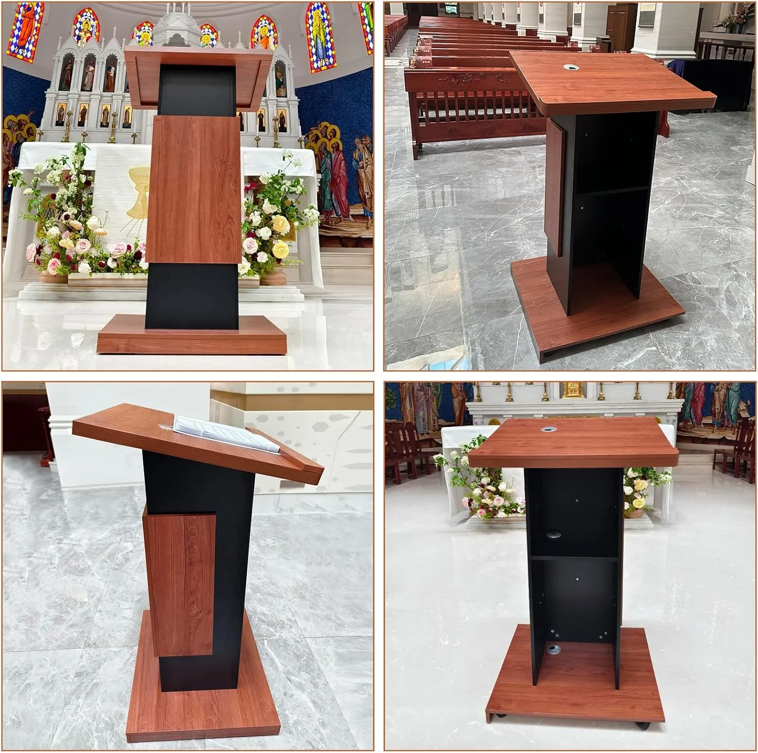 47’’ Wooden Podium Stand with Wheels, Portable Lectern Churches with 15 MM Particle Board, Pulpits Stand with Storage, Lockable Wheels, Mic Stand for Churches, Office, School (Wood Podium)