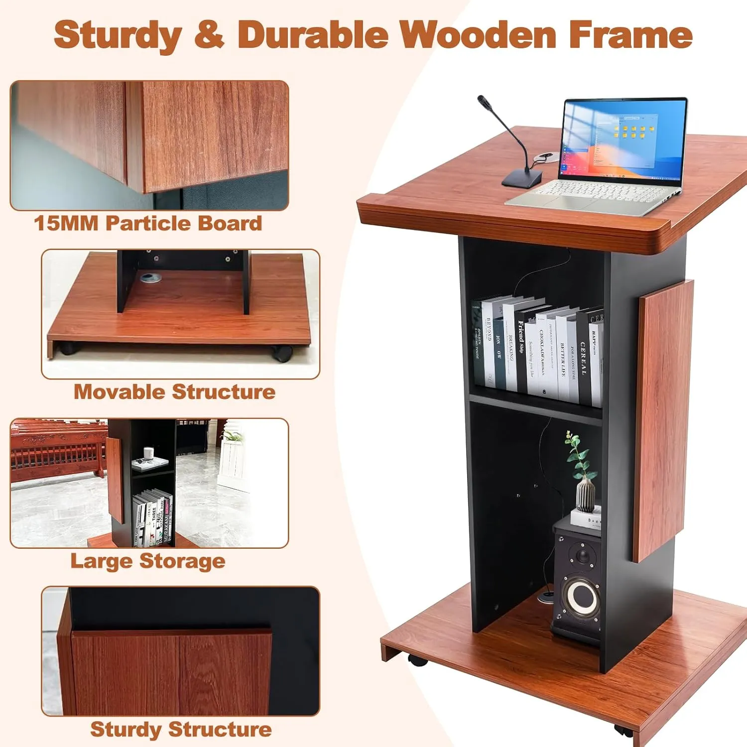 47’’ Wooden Podium Stand with Wheels, Portable Lectern Churches with 15 MM Particle Board, Pulpits Stand with Storage, Lockable Wheels, Mic Stand for Churches, Office, School (Wood Podium)