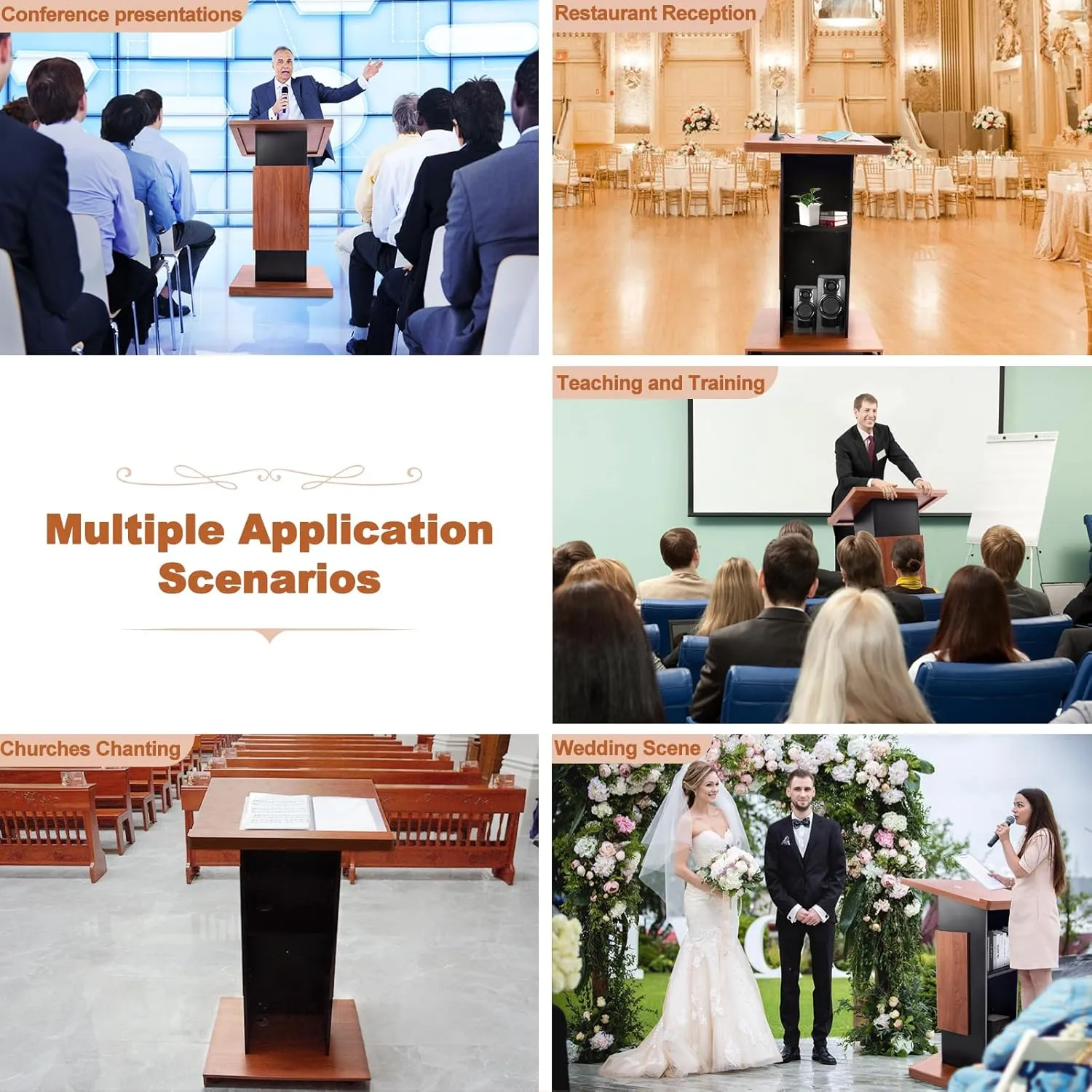 47’’ Wooden Podium Stand with Wheels, Portable Lectern Churches with 15 MM Particle Board, Pulpits Stand with Storage, Lockable Wheels, Mic Stand for Churches, Office, School (Wood Podium)