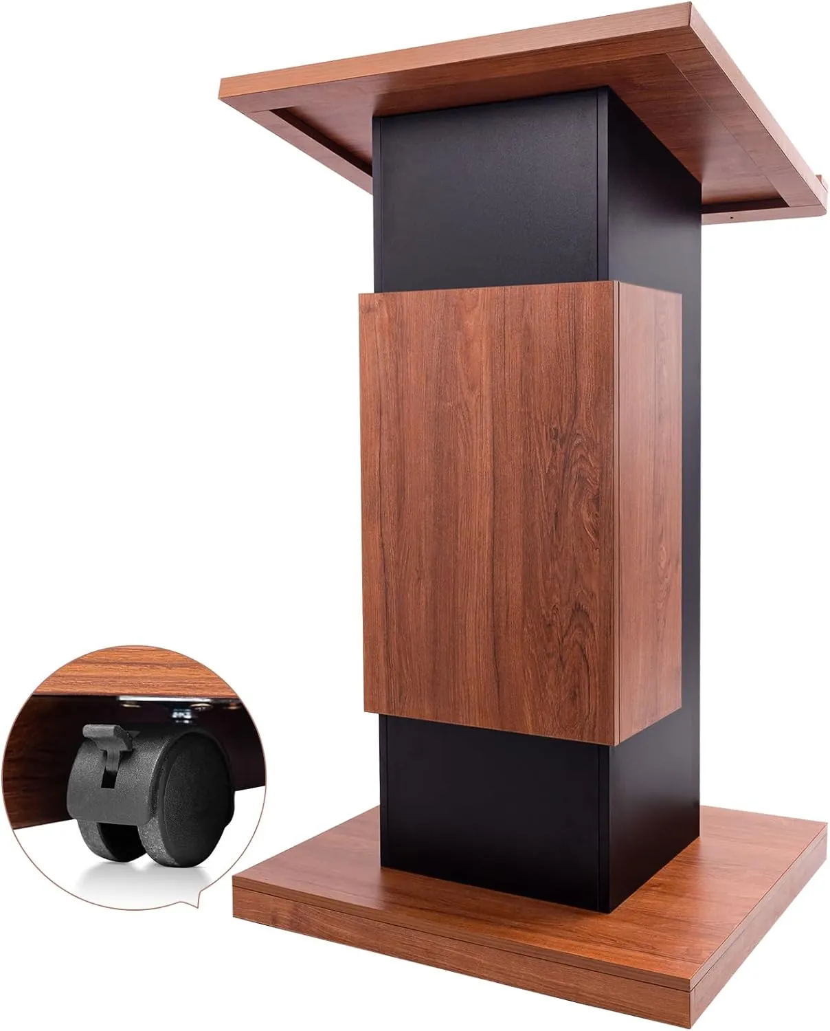 47’’ Wooden Podium Stand with Wheels, Portable Lectern Churches with 15 MM Particle Board, Pulpits Stand with Storage, Lockable Wheels, Mic Stand for Churches, Office, School (Wood Podium)