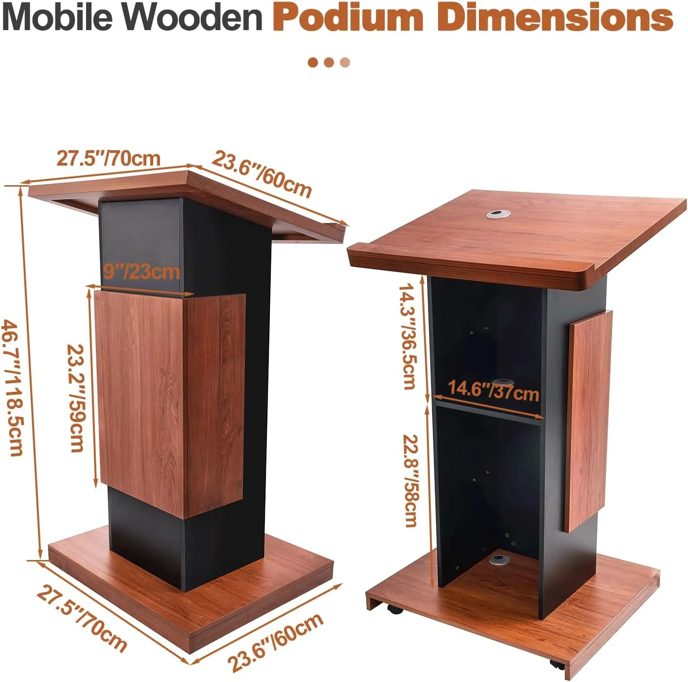 47’’ Wooden Podium Stand with Wheels, Portable Lectern Churches with 15 MM Particle Board, Pulpits Stand with Storage, Lockable Wheels, Mic Stand for Churches, Office, School (Wood Podium)