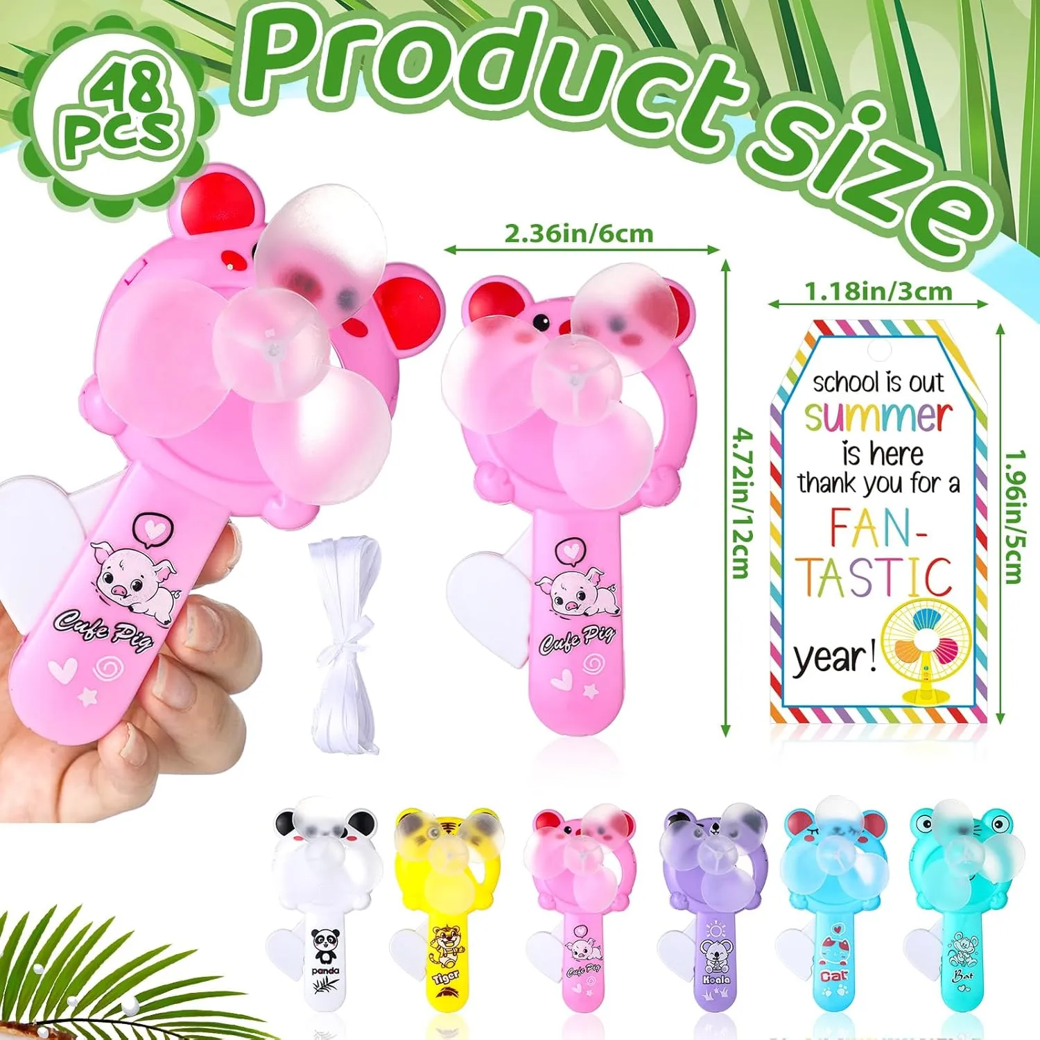 48 Pcs End of Year for Student Gift Bulk Mini Portable Fan Summer Kids Fans Party Favors Cute Manual Cooling Fan with Card Rope Novelty Handheld Fans for Boys Girls Outdoor