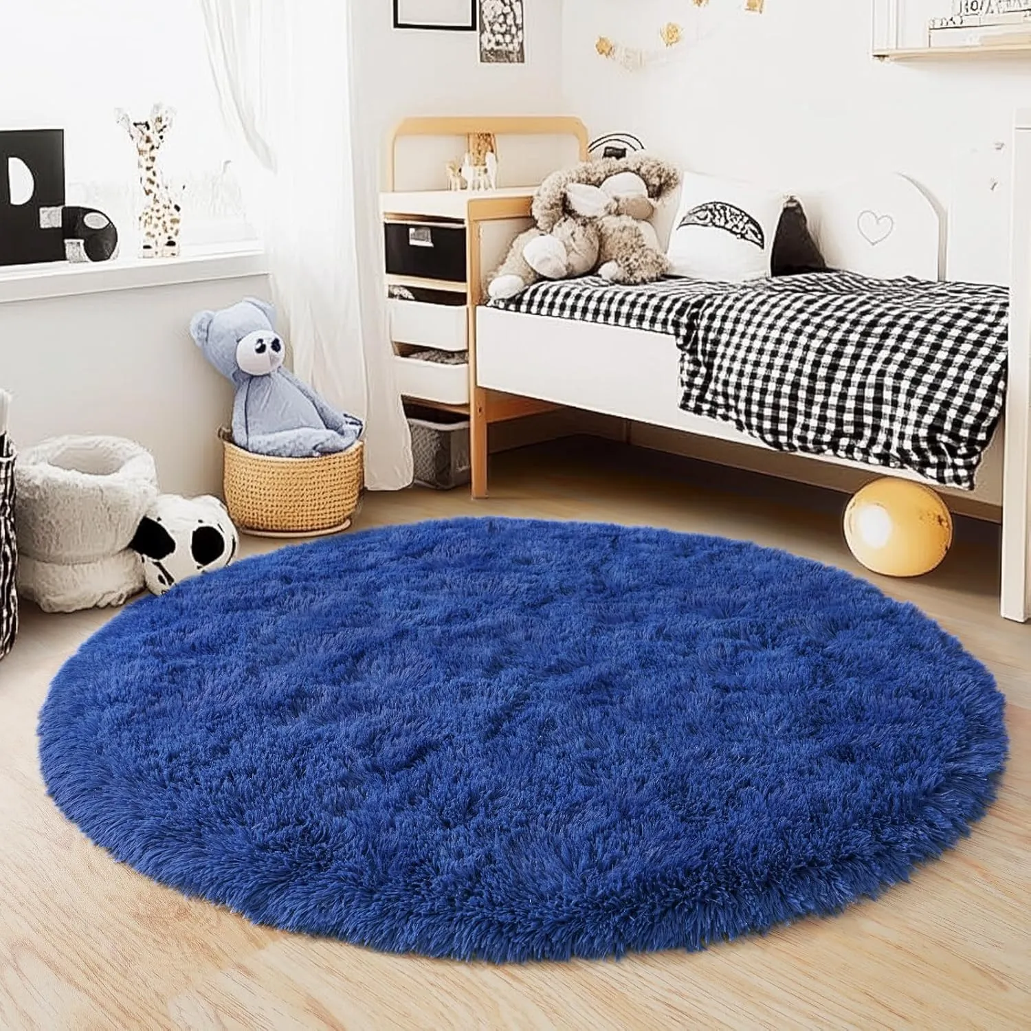 4'x4' Blue Round Rug for Bedroom, Ultra Soft Fluffy Circle Rug for Kids Girls Boys Room, Cute Shag Rugs for Living Room Playroom Teen Room Home Decor Rug