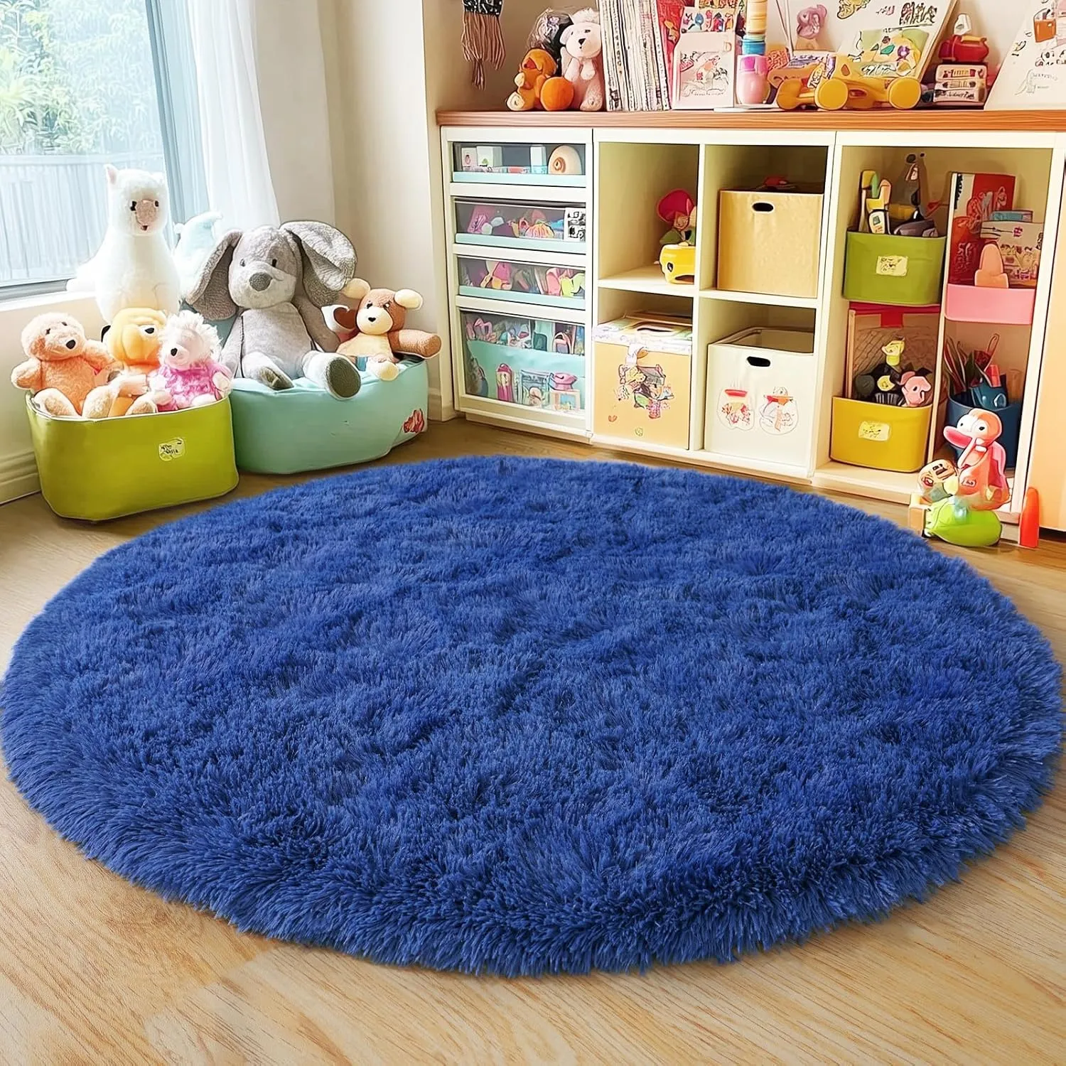 4'x4' Blue Round Rug for Bedroom, Ultra Soft Fluffy Circle Rug for Kids Girls Boys Room, Cute Shag Rugs for Living Room Playroom Teen Room Home Decor Rug