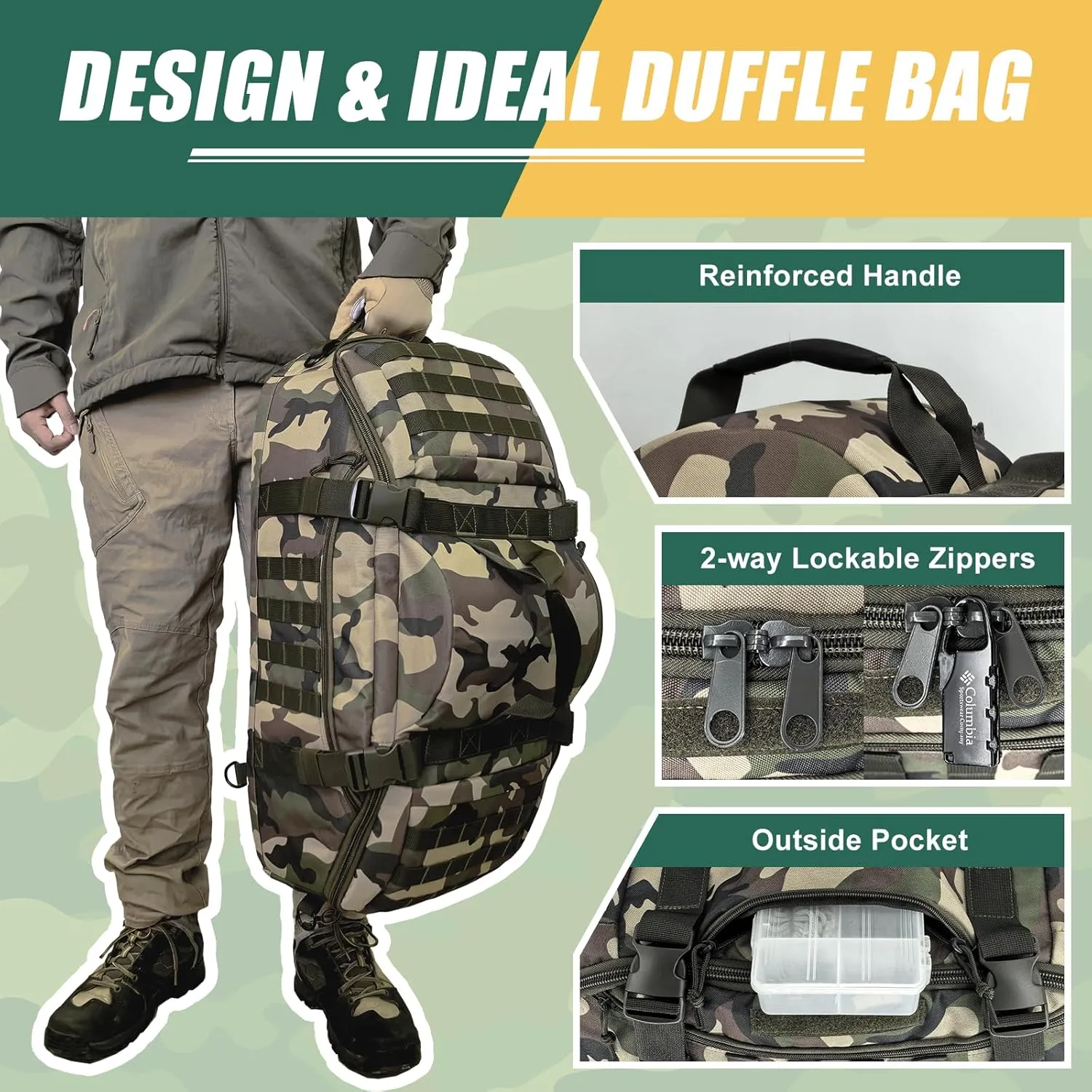55L Large Travel Duffle Bag Military Tactical Backpack, Army Assault Pack 3 Day Bug Out Bag for Outdoor Sport Hiking Camping with Molle System, Woodland