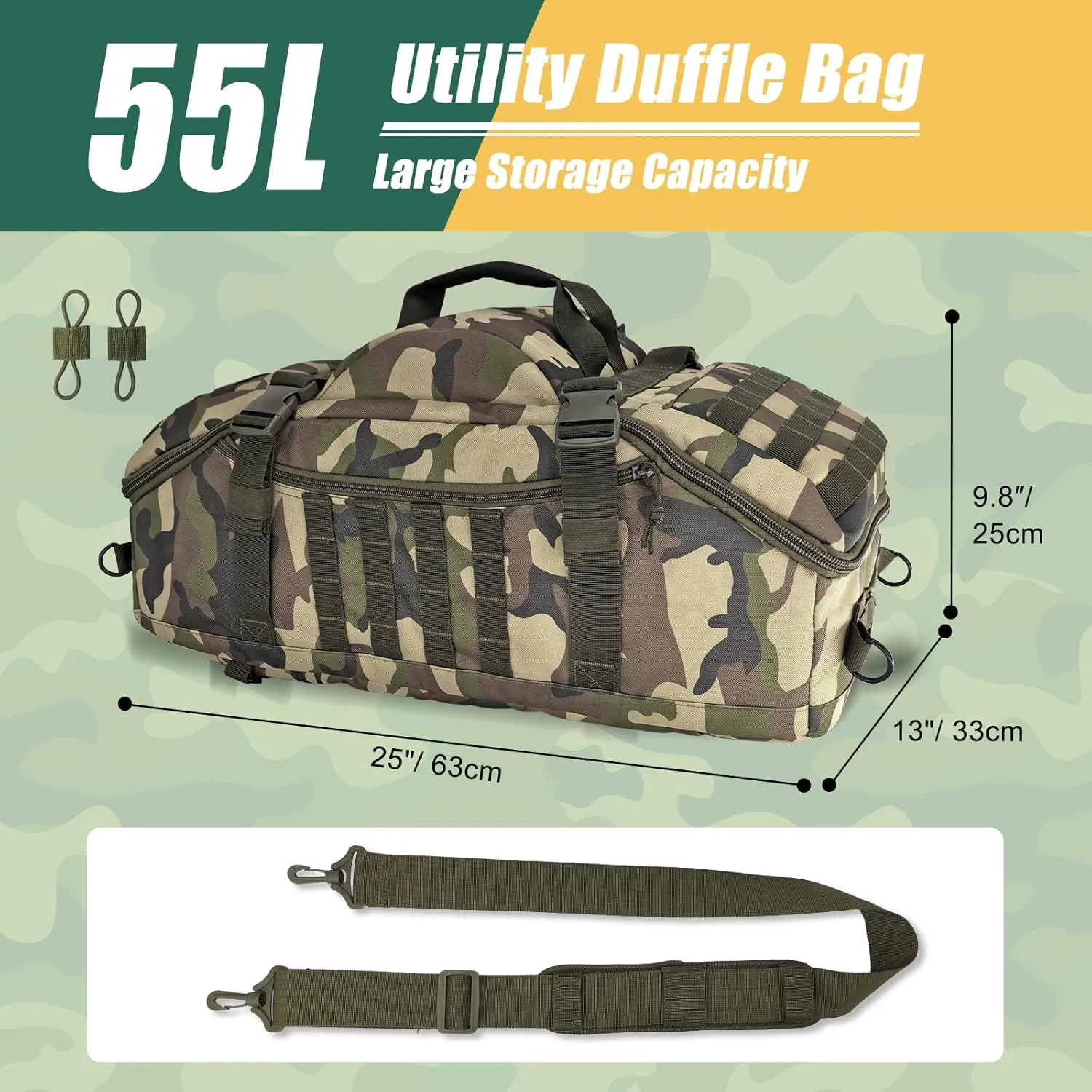 55L Large Travel Duffle Bag Military Tactical Backpack, Army Assault Pack 3 Day Bug Out Bag for Outdoor Sport Hiking Camping with Molle System, Woodland