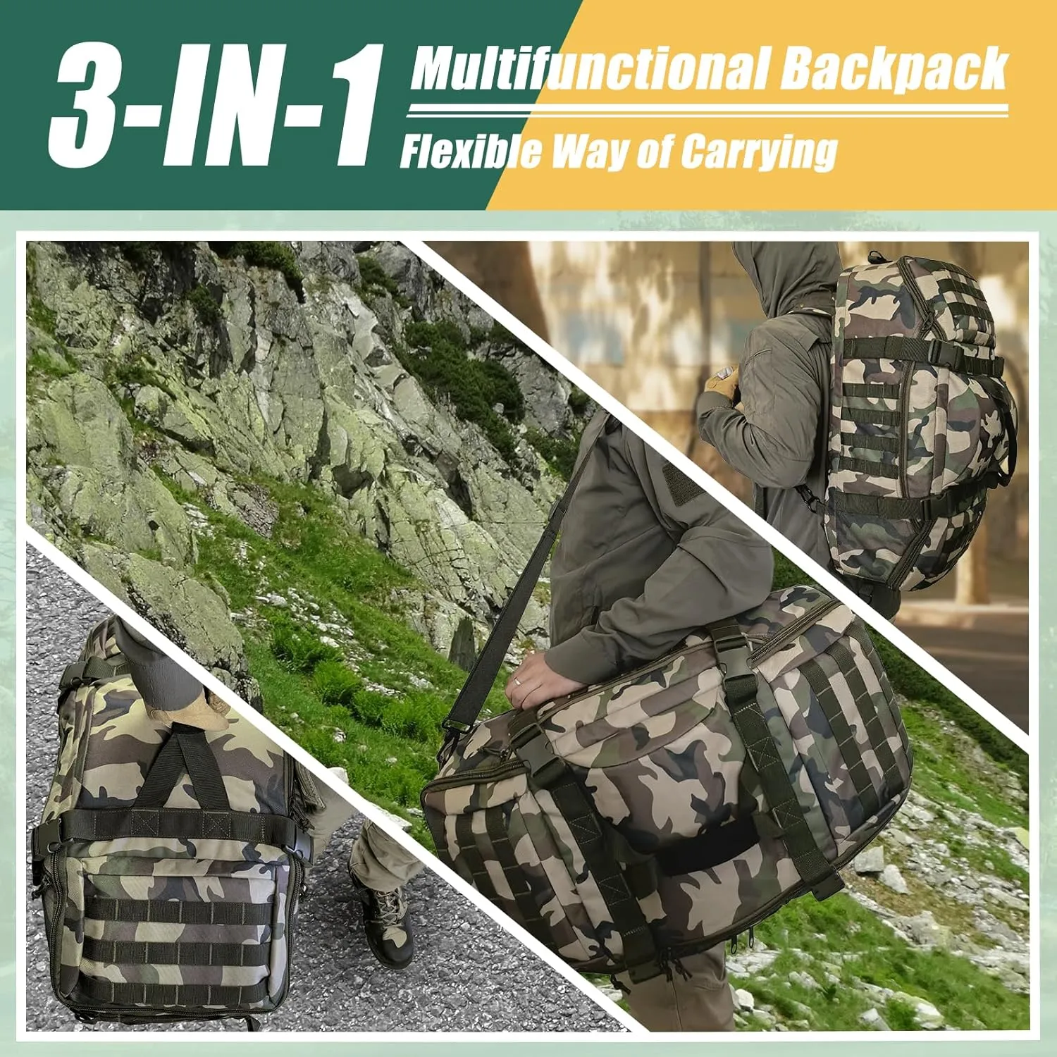 55L Large Travel Duffle Bag Military Tactical Backpack, Army Assault Pack 3 Day Bug Out Bag for Outdoor Sport Hiking Camping with Molle System, Woodland