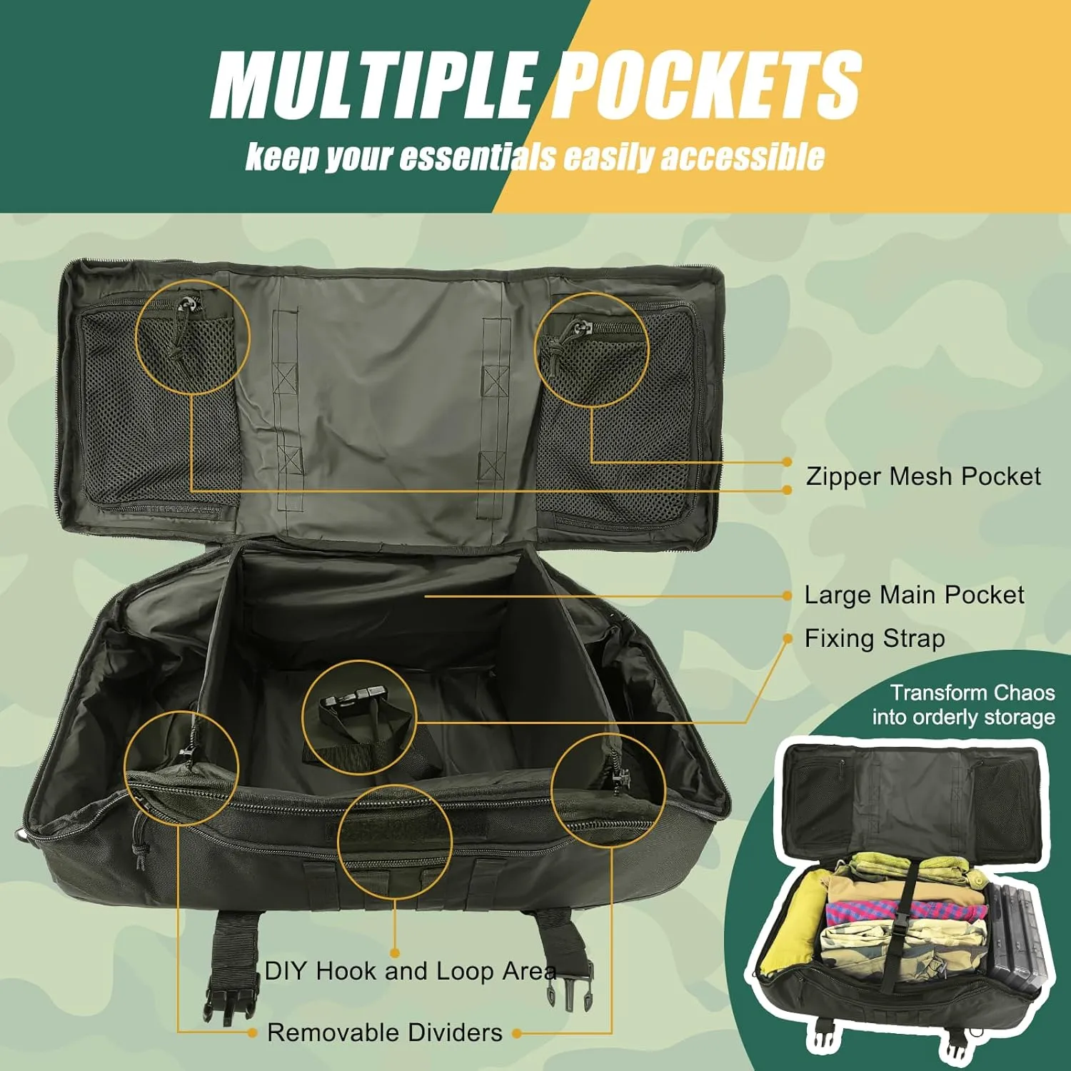 55L Large Travel Duffle Bag Military Tactical Backpack, Army Assault Pack 3 Day Bug Out Bag for Outdoor Sport Hiking Camping with Molle System, Woodland