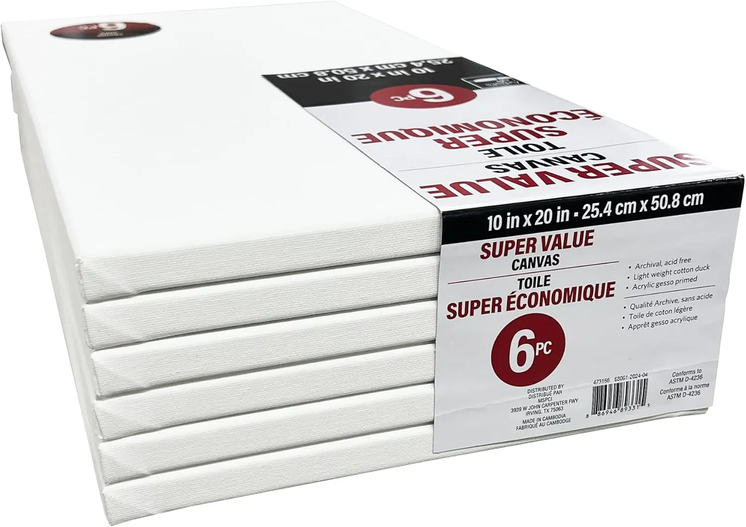 6 Count (24 Total) 10” x 20” Super Value Canvas by Artist's Loft Necessities - Acid Free Cotton Canvas for Paint, Acrylic, & Oils - Bulk 4 Pack