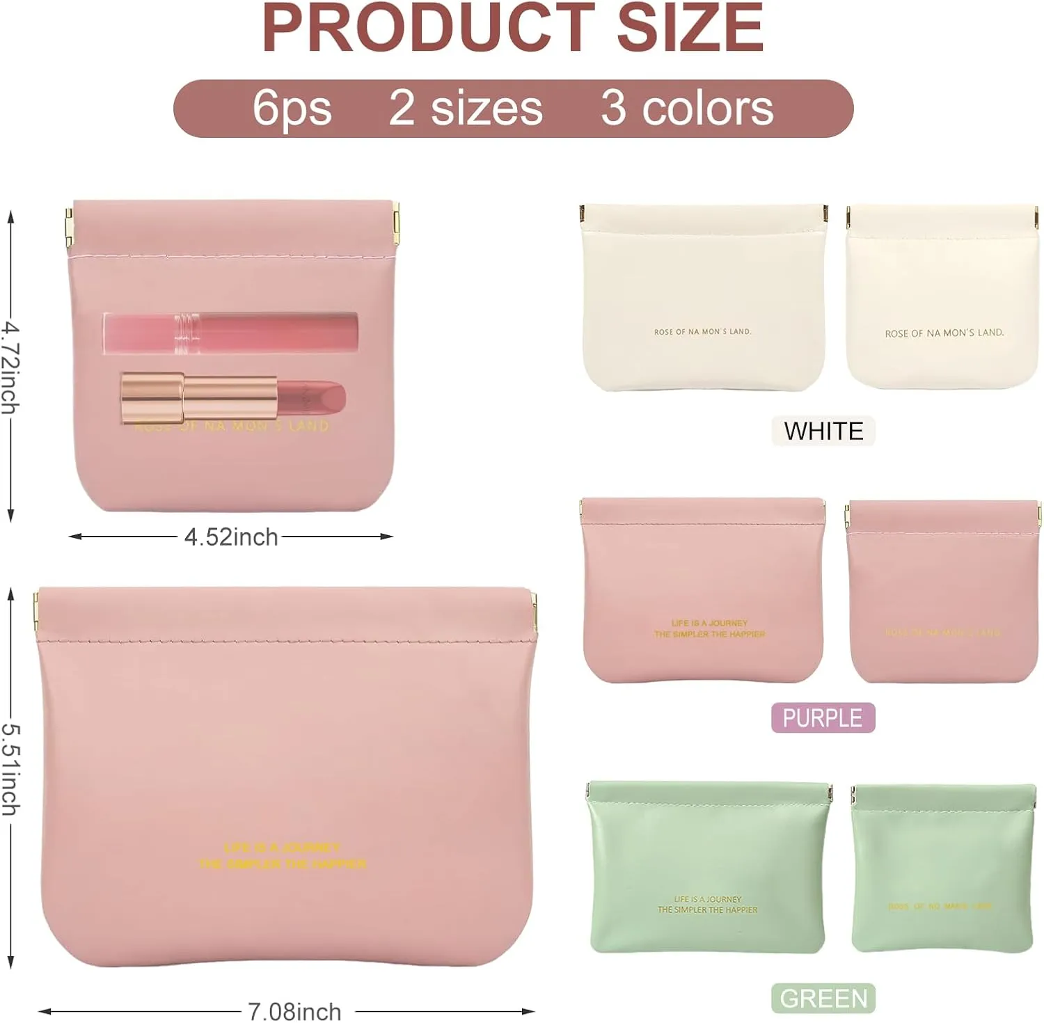 6 Pack small makeup bag for purse, snap closure leather organizer pouch,New lipstick pouch, portable mini storage bag,Two sizes Coin Purse Organizer Storage Pouch （Green   Pink   White