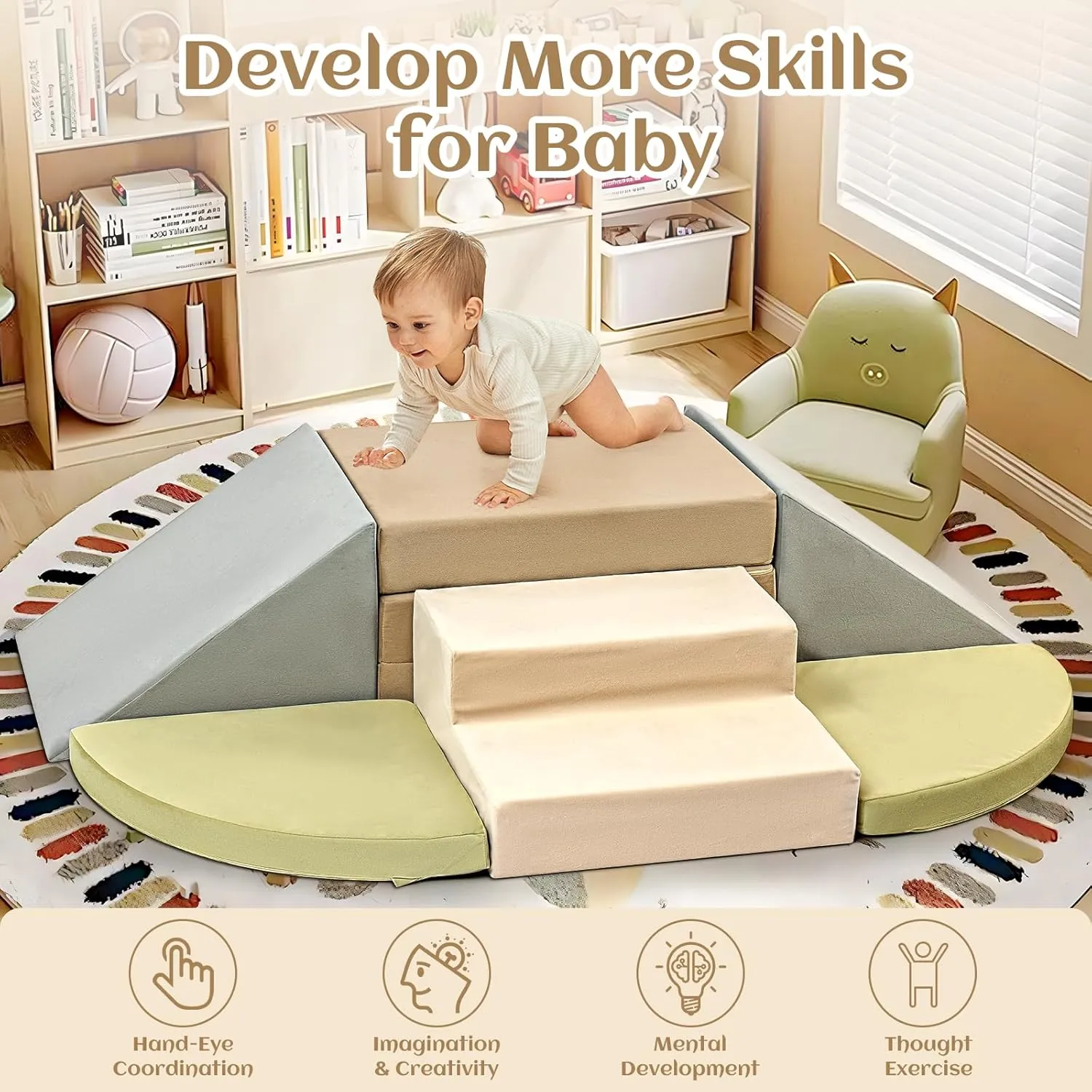 6-Piece Toddler Climbing Toys Indoor, Foam Climbing Toys for Toddlers, Soft Play Baby Climbing Blocks for Crawling and Sliding, Safe Climbing Play Set Indoor Gym Equipment for Toddler1-3, Infant, Baby