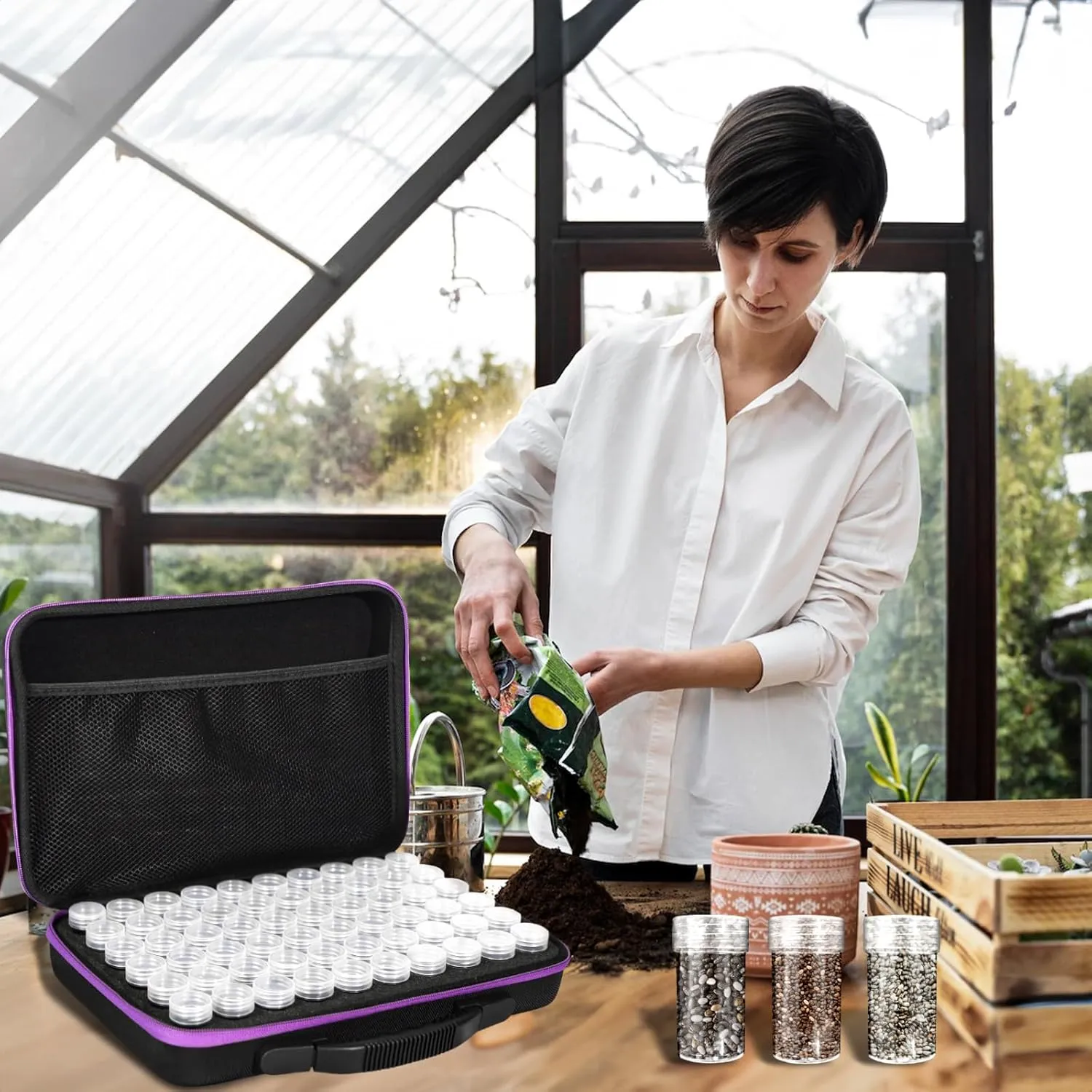 60 Slots Seed Storage Organizer with 10 Envelopes, Portable Storage Box with Label Stickers Zipper Bag, Seed Container Storage for Flower Plants Vegetable Garden(60 Jars)