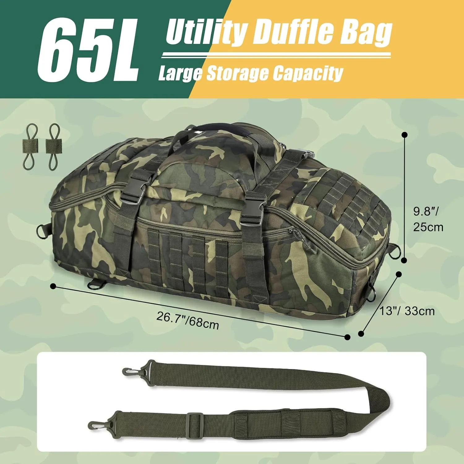 65L Large Travel Duffle Bag Military Tactical Backpack, Army Assault Pack 3 Day Bug Out Bag Rucksack for Outdoor Sport Hiking Camping with Molle System, Woodland