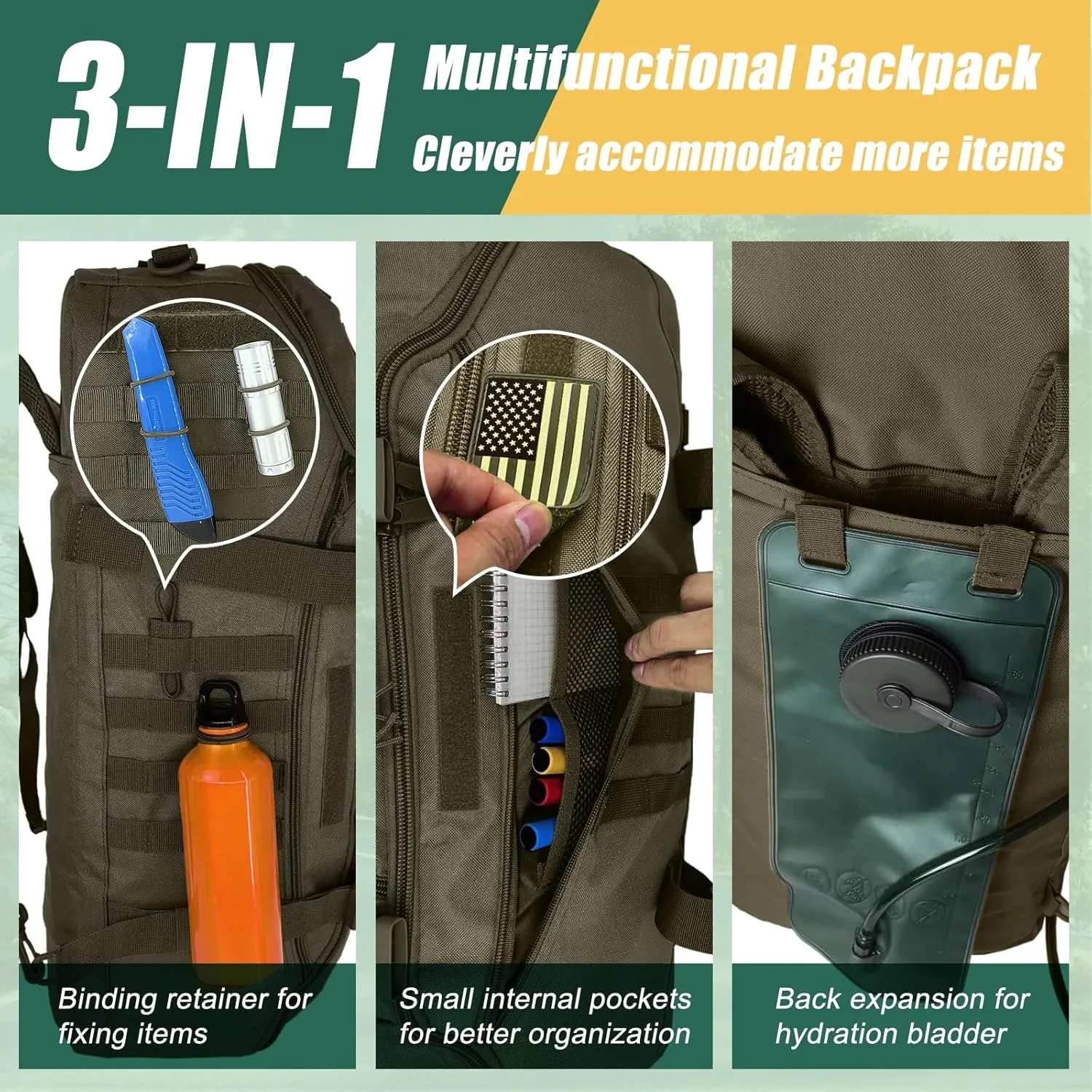65L Large Travel Gym Duffle Bag with Tensile Strength Pom Buckle Military Tactical Backpack, Army Pack for Outdoor Sport with Molle System, Olive Green