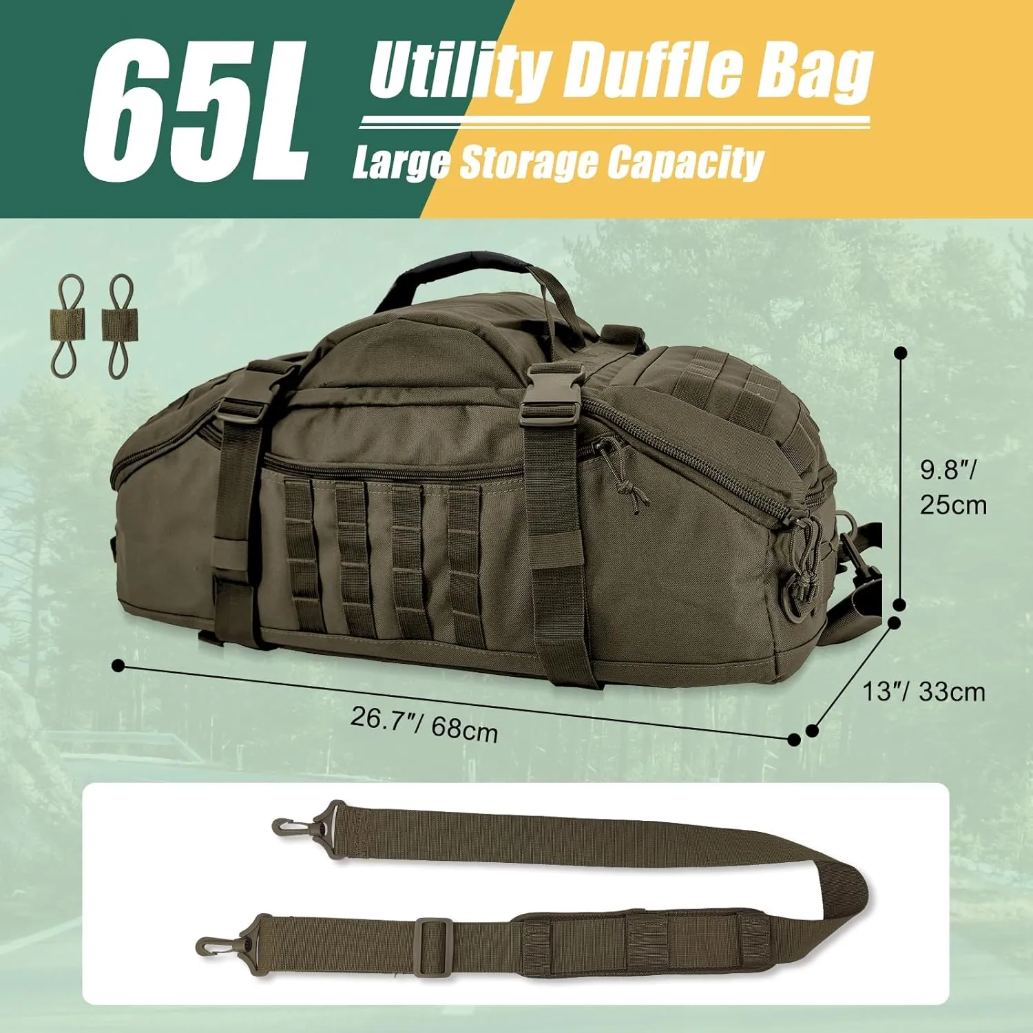 65L Large Travel Gym Duffle Bag with Tensile Strength Pom Buckle Military Tactical Backpack, Army Pack for Outdoor Sport with Molle System, Olive Green