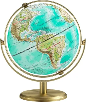 8'' World Globe with Gold Stand 720° Rotating, Kids Adults Student Geography Educational, Desk Globe Decorative Office Classroom, Unique Birthday Christmas Gifts (Elegant Turquoise)