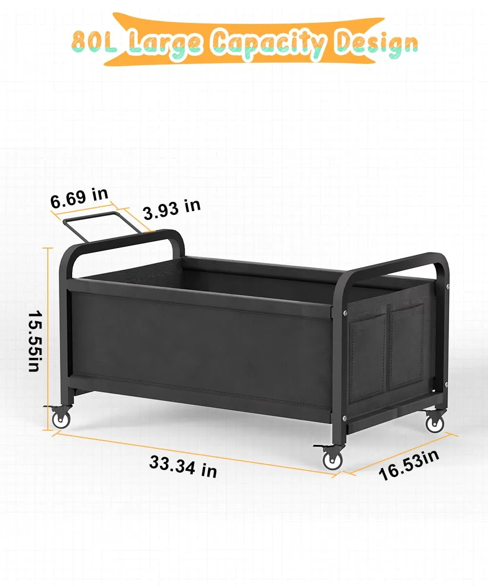 80L Large Kids Toy Box with Wheels, Toy Chest Storage Organizer for Toddlers, Boys, Girls, Toy Storage Bin for Stuffed Animals, PlayRoom, Bedroom, Nursery, Living Room, Black