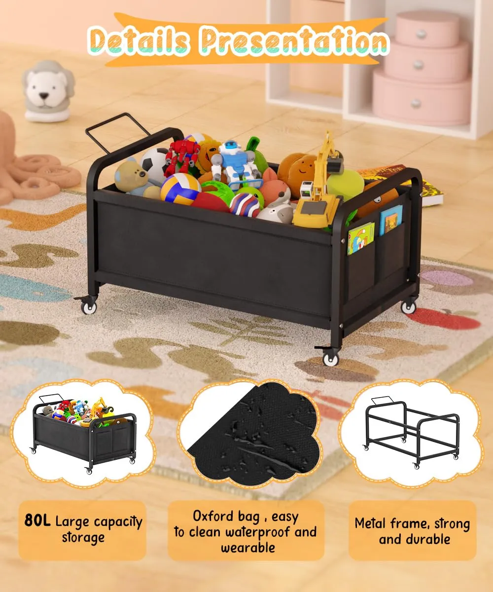 80L Large Kids Toy Box with Wheels, Toy Chest Storage Organizer for Toddlers, Boys, Girls, Toy Storage Bin for Stuffed Animals, PlayRoom, Bedroom, Nursery, Living Room, Black
