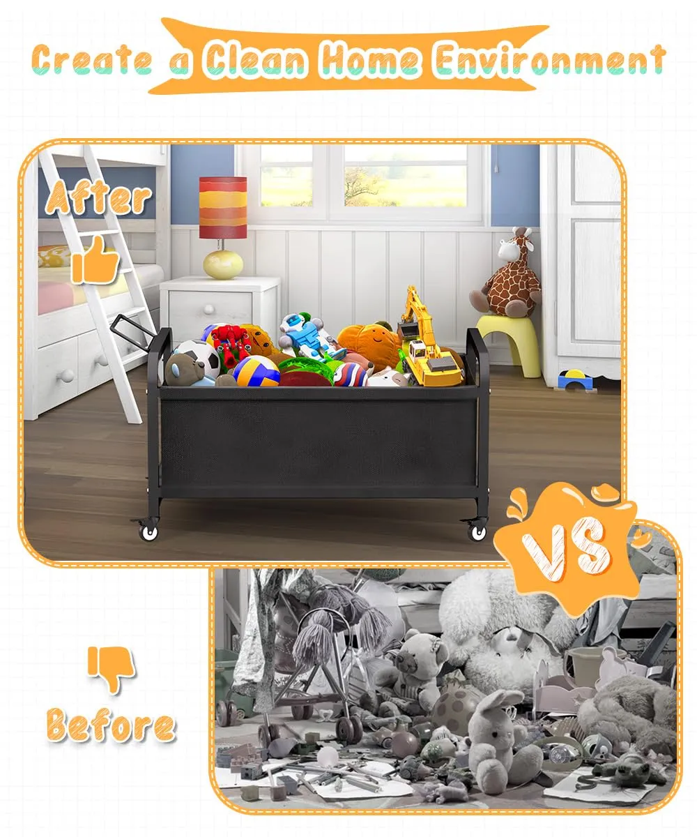 80L Large Kids Toy Box with Wheels, Toy Chest Storage Organizer for Toddlers, Boys, Girls, Toy Storage Bin for Stuffed Animals, PlayRoom, Bedroom, Nursery, Living Room, Black
