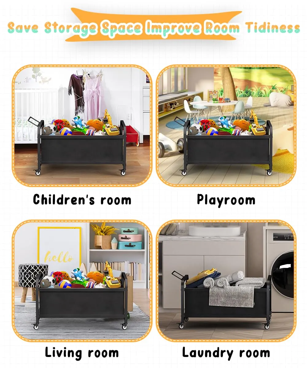 80L Large Kids Toy Box with Wheels, Toy Chest Storage Organizer for Toddlers, Boys, Girls, Toy Storage Bin for Stuffed Animals, PlayRoom, Bedroom, Nursery, Living Room, Black