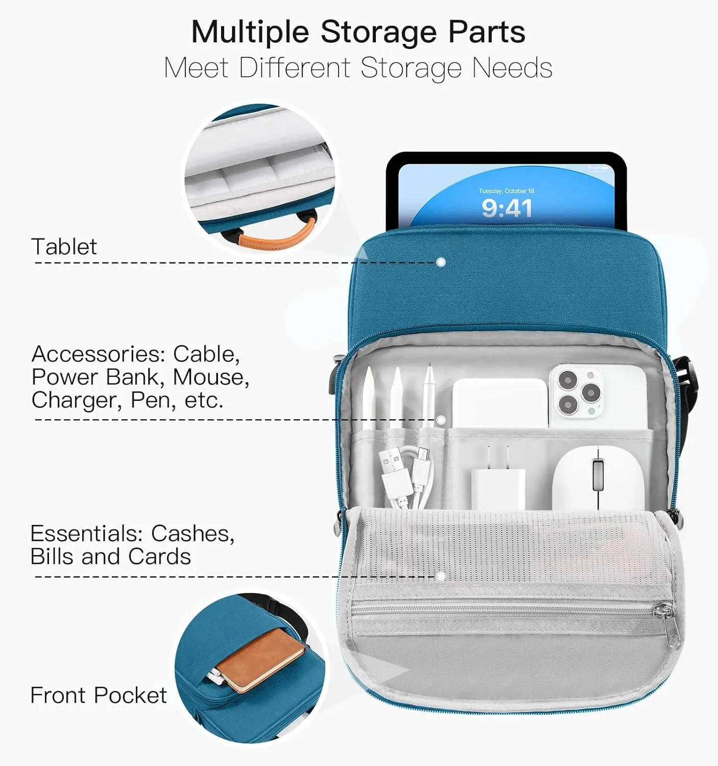 9-11 Inch Tablet Sleeve Bag with Shoulder Strap for iPad 10th Gen 10.9", iPad (A16) 11",iPad 9/8/7th Gen 10.2",iPad Air 11",iPad Pro 11",iPad Air5/4 10.9",Galaxy Tab A9  Plus 11",Peacock Blue