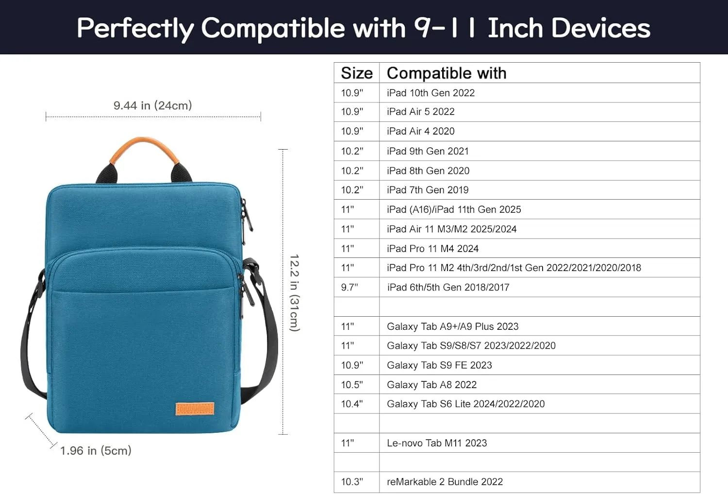 9-11 Inch Tablet Sleeve Bag with Shoulder Strap for iPad 10th Gen 10.9", iPad (A16) 11",iPad 9/8/7th Gen 10.2",iPad Air 11",iPad Pro 11",iPad Air5/4 10.9",Galaxy Tab A9  Plus 11",Peacock Blue