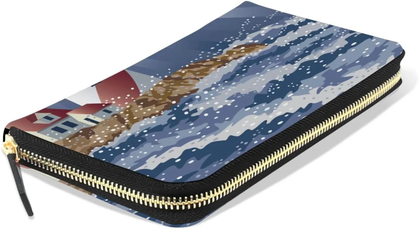A Candy Cane Lighthouse Illuminating the Night Ocean Leather Long Wallet Organizer with Zipper Purse Clutch Bag for Women Men Key Card Coin Passport Checkbook 8 x 4 inch
