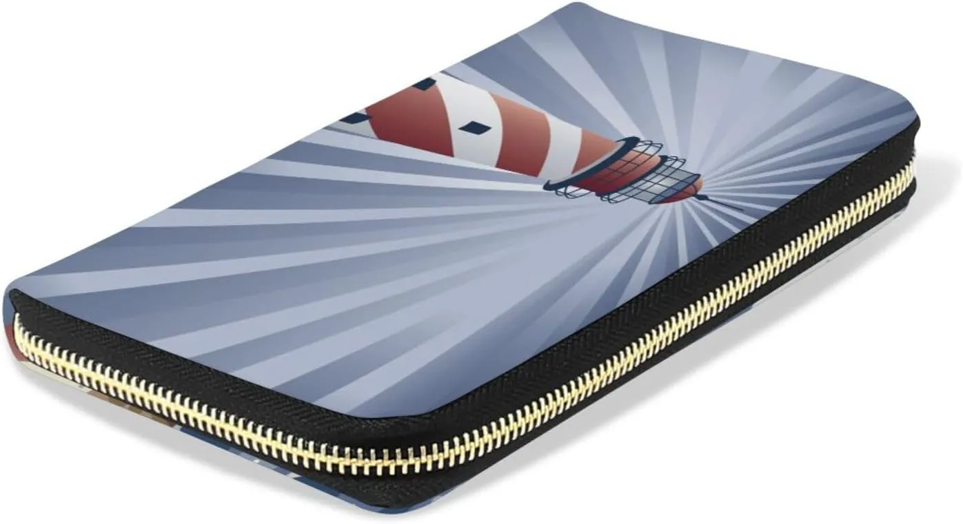 A Candy Cane Lighthouse Illuminating the Night Ocean Leather Long Wallet Organizer with Zipper Purse Clutch Bag for Women Men Key Card Coin Passport Checkbook 8 x 4 inch