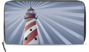 A Candy Cane Lighthouse Illuminating the Night Ocean Leather Long Wallet Organizer with Zipper Purse Clutch Bag for Women Men Key Card Coin Passport Checkbook 8 x 4 inch