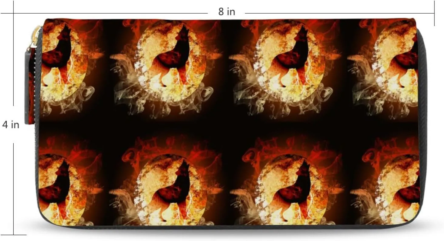 A Fire Howling Wolf Locked in a Full Moon with Flames Leather Long Wallet Organizer with Zipper Purse Clutch Bag for Women Men Key Card Coin Passport Checkbook 8 x 4 inch