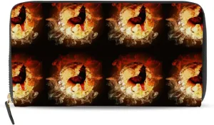 A Fire Howling Wolf Locked in a Full Moon with Flames Leather Long Wallet Organizer with Zipper Purse Clutch Bag for Women Men Key Card Coin Passport Checkbook 8 x 4 inch