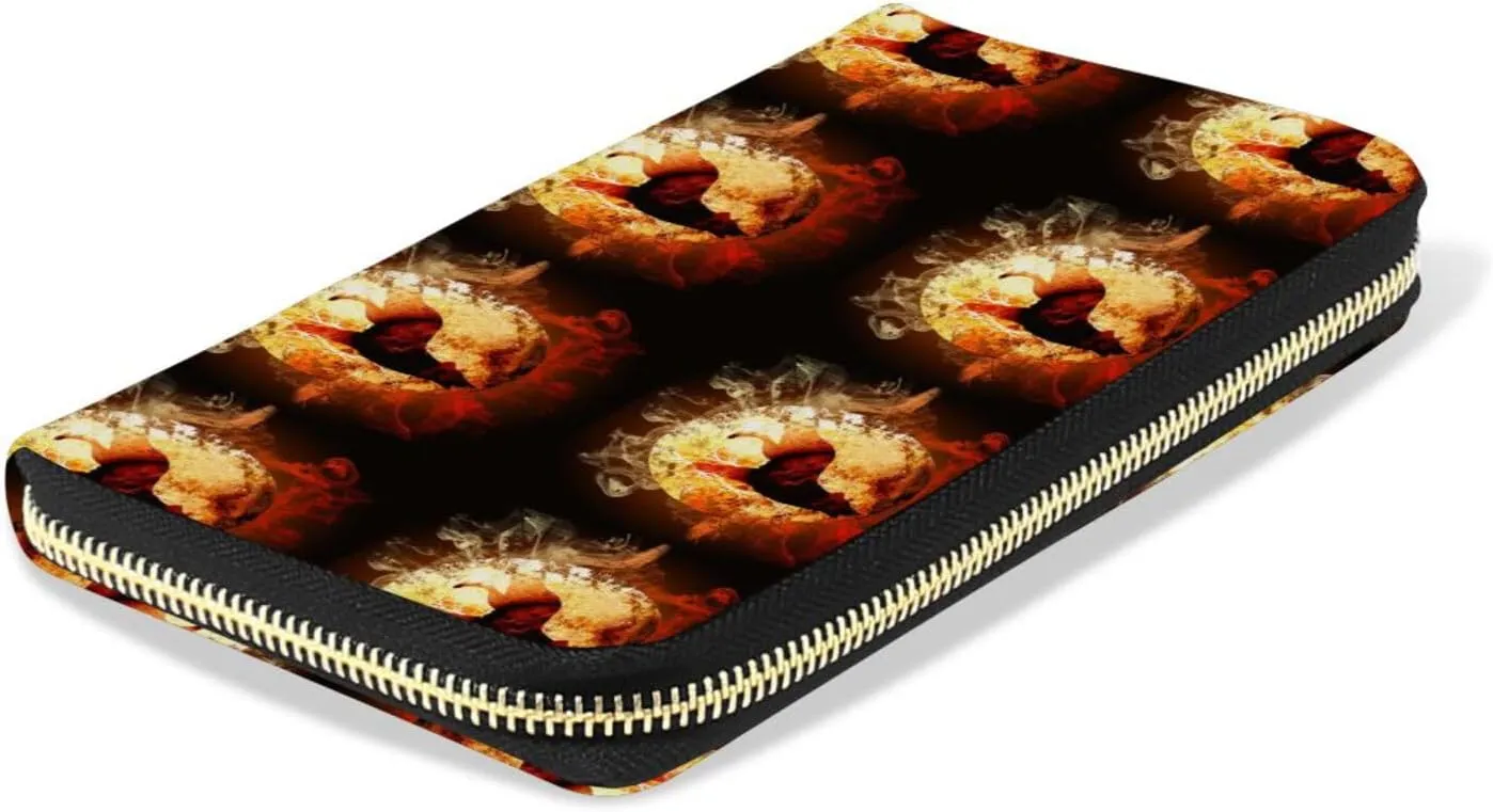 A Fire Howling Wolf Locked in a Full Moon with Flames Leather Long Wallet Organizer with Zipper Purse Clutch Bag for Women Men Key Card Coin Passport Checkbook 8 x 4 inch