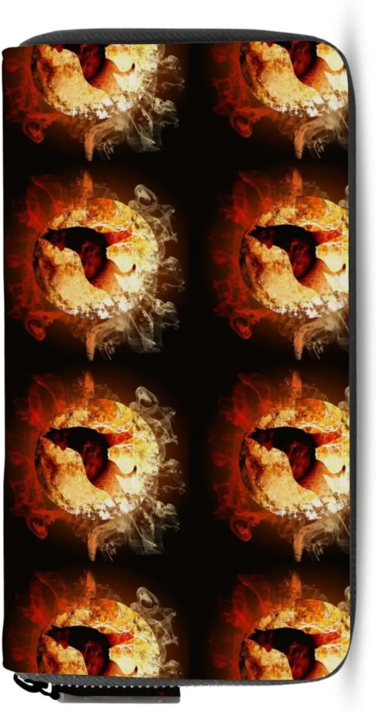 A Fire Howling Wolf Locked in a Full Moon with Flames Leather Long Wallet Organizer with Zipper Purse Clutch Bag for Women Men Key Card Coin Passport Checkbook 8 x 4 inch