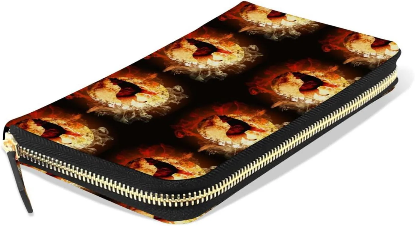 A Fire Howling Wolf Locked in a Full Moon with Flames Leather Long Wallet Organizer with Zipper Purse Clutch Bag for Women Men Key Card Coin Passport Checkbook 8 x 4 inch