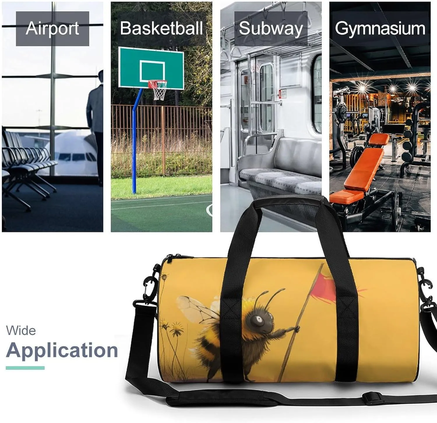 A Tired Dusty Bumblebee Standing with A Bee Flag Travel Gym Bag for Women Men Cartoon Minimalist Cute Cylindrical Duffle Bag Sport Workout Bag with Shoulder Strap