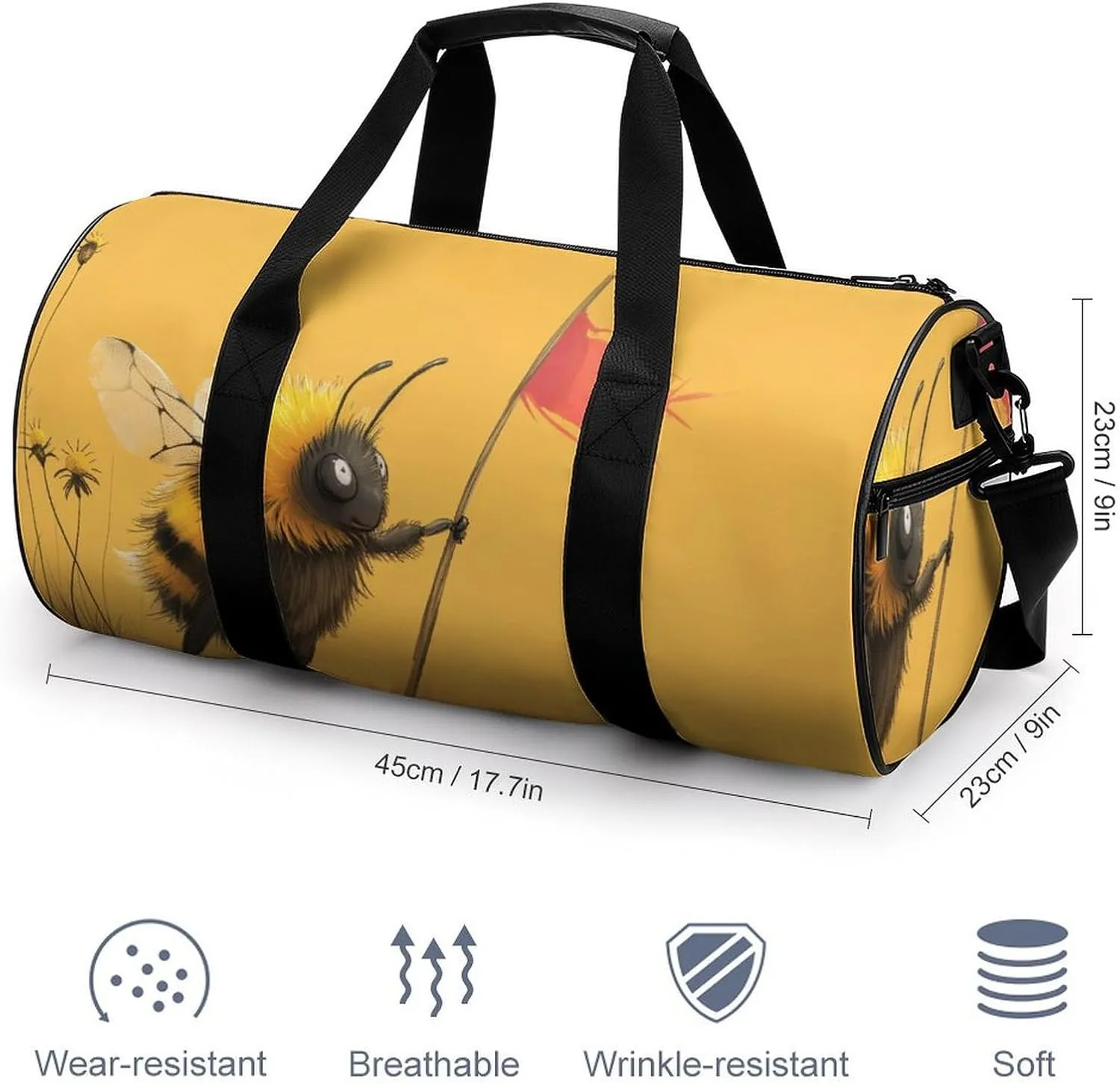 A Tired Dusty Bumblebee Standing with A Bee Flag Travel Gym Bag for Women Men Cartoon Minimalist Cute Cylindrical Duffle Bag Sport Workout Bag with Shoulder Strap