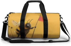 A Tired Dusty Bumblebee Standing with A Bee Flag Travel Gym Bag for Women Men Cartoon Minimalist Cute Cylindrical Duffle Bag Sport Workout Bag with Shoulder Strap